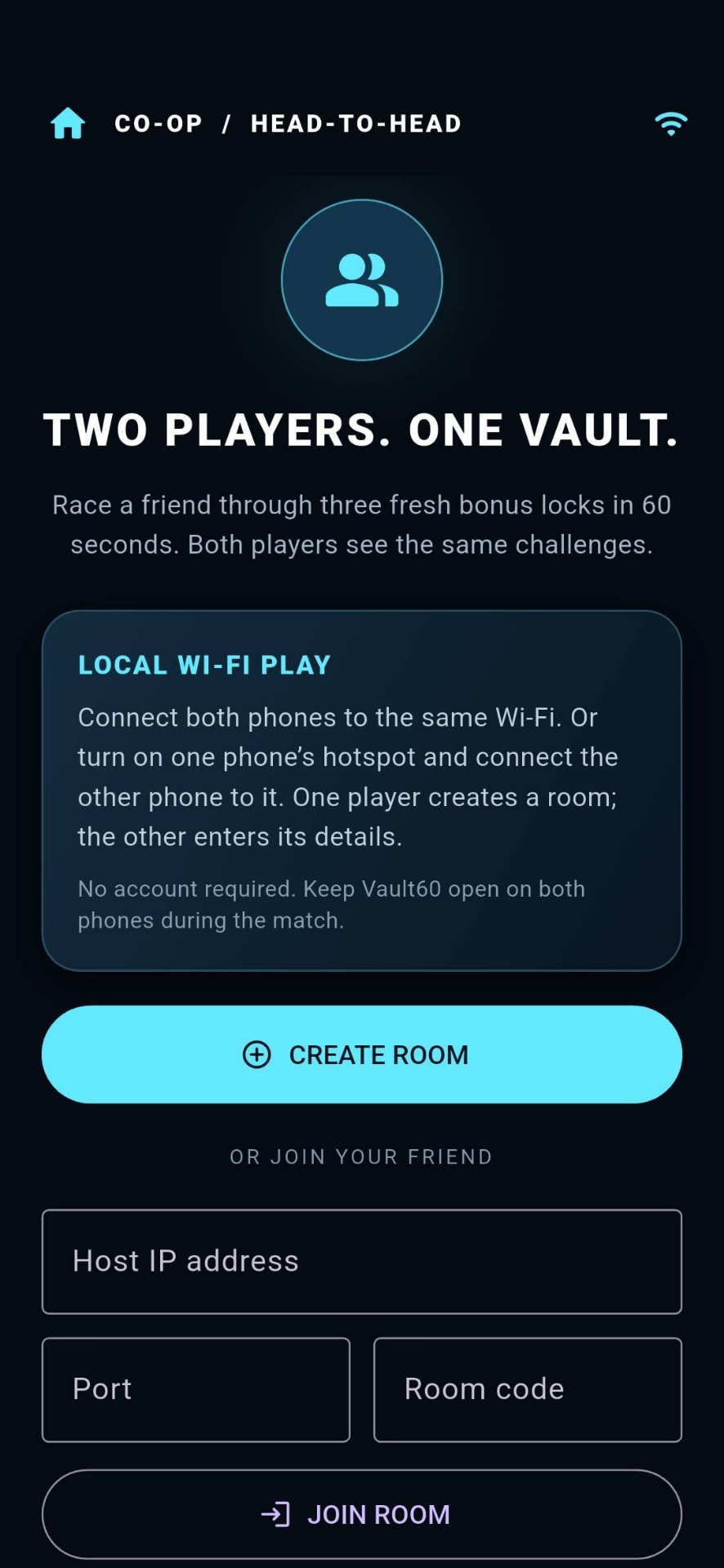 Co-op room creation and joining screen in Vault60