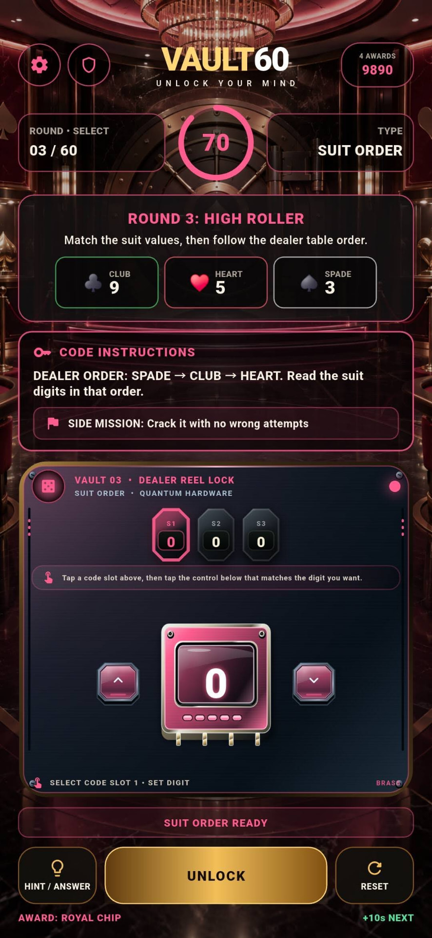 High Roller suit-order lock with metallic controls