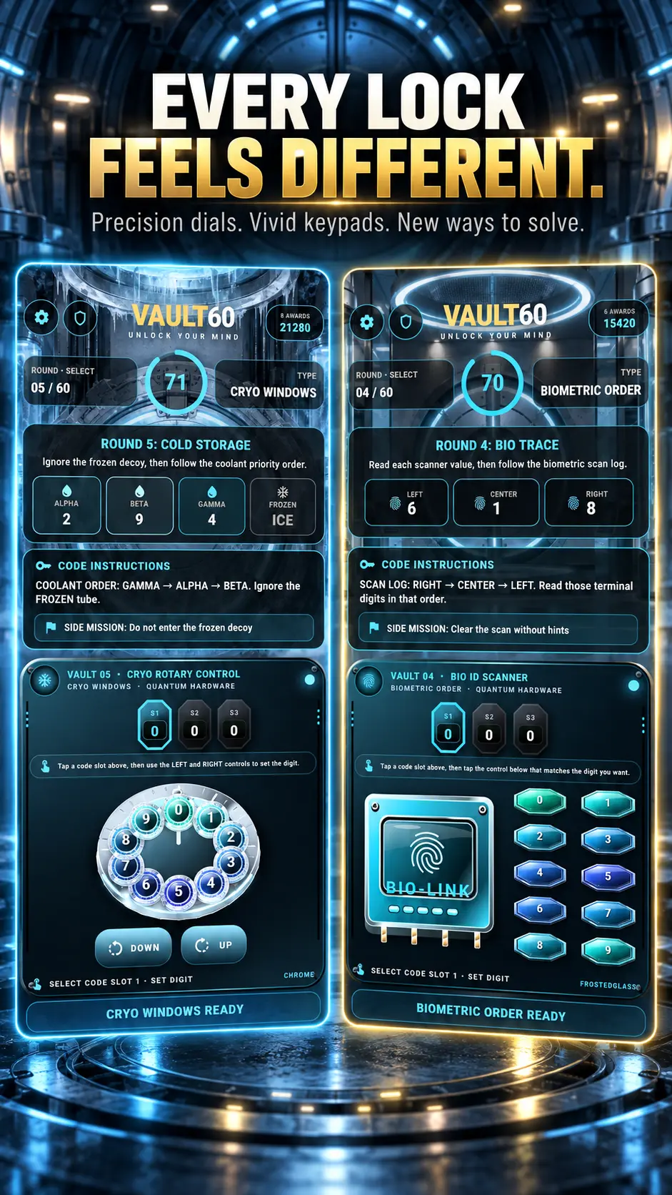 Cryogenic rotary dial and biometric keypad lock examples