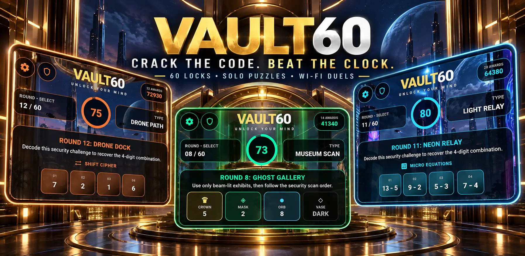 Vault60 campaign artwork showing three futuristic lock challenges
